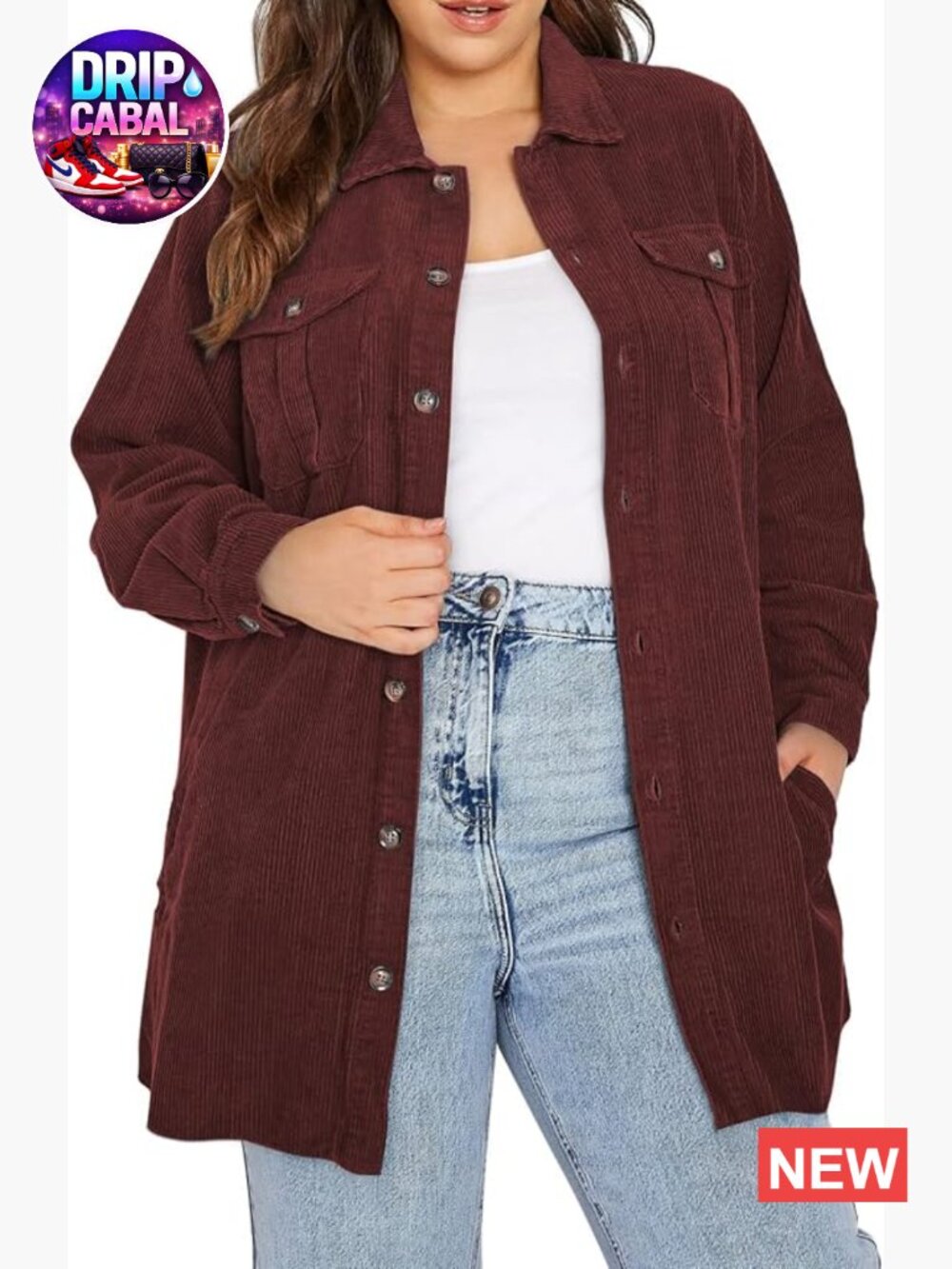 Plus Size Long Sleeve Button Down Boyfriend Shirt Corduroy Shacket Jacket
